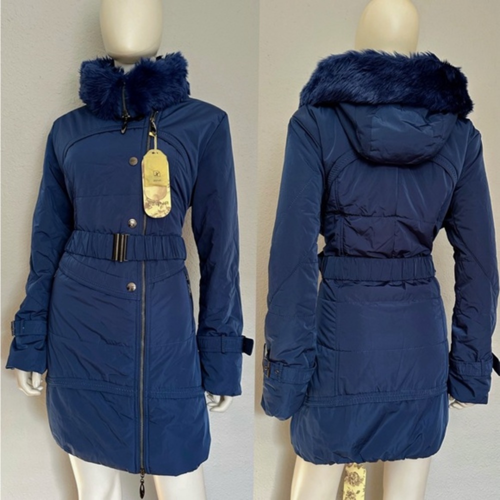 NWT ZENA WOMEN JACKET ASYMMETRIC ZIPPED BELTED LINED COAT FAUX FUR TRIMMED HOOD